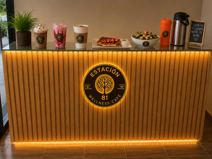 Referencia del ambiente de Estación 81: barra de madera, iluminación cálida, bebidas y waffle